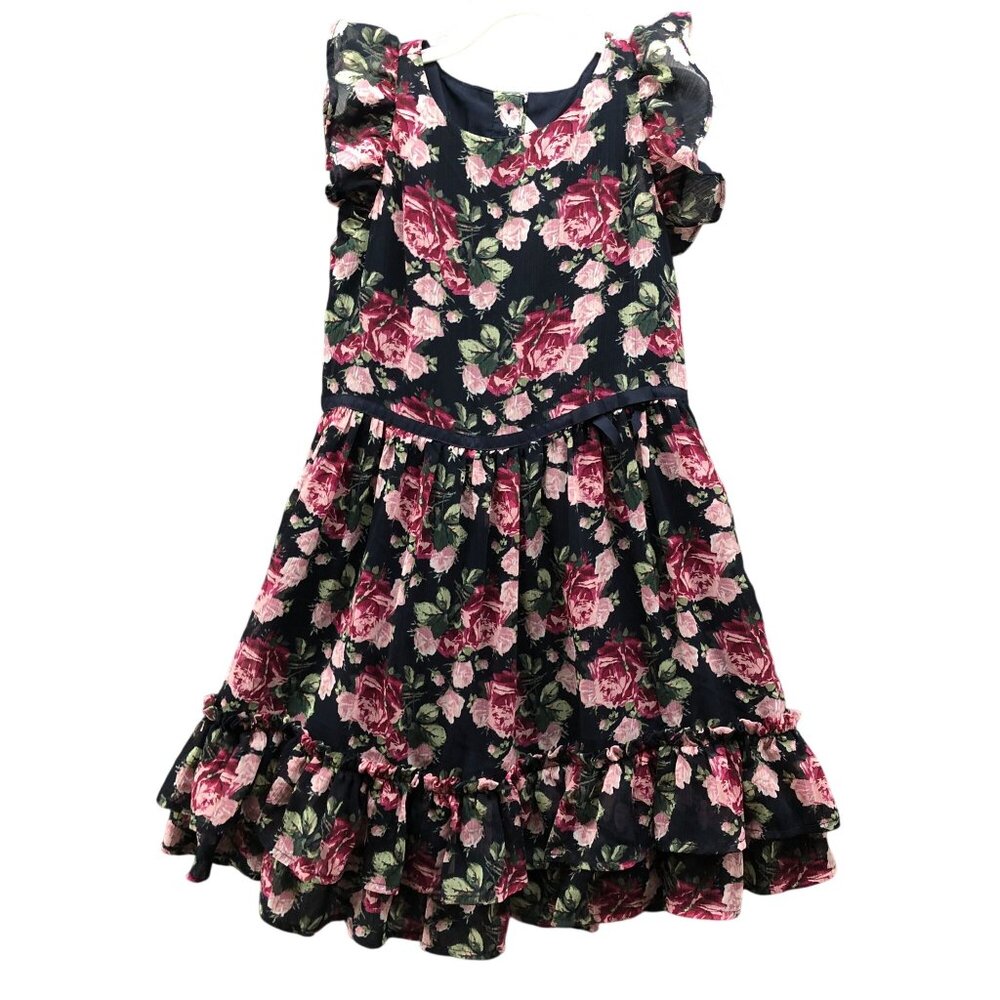Janie & Jack Floral Chiffon Dress Girls Size 8‎ Blue Pink Ruffle Sleeveless